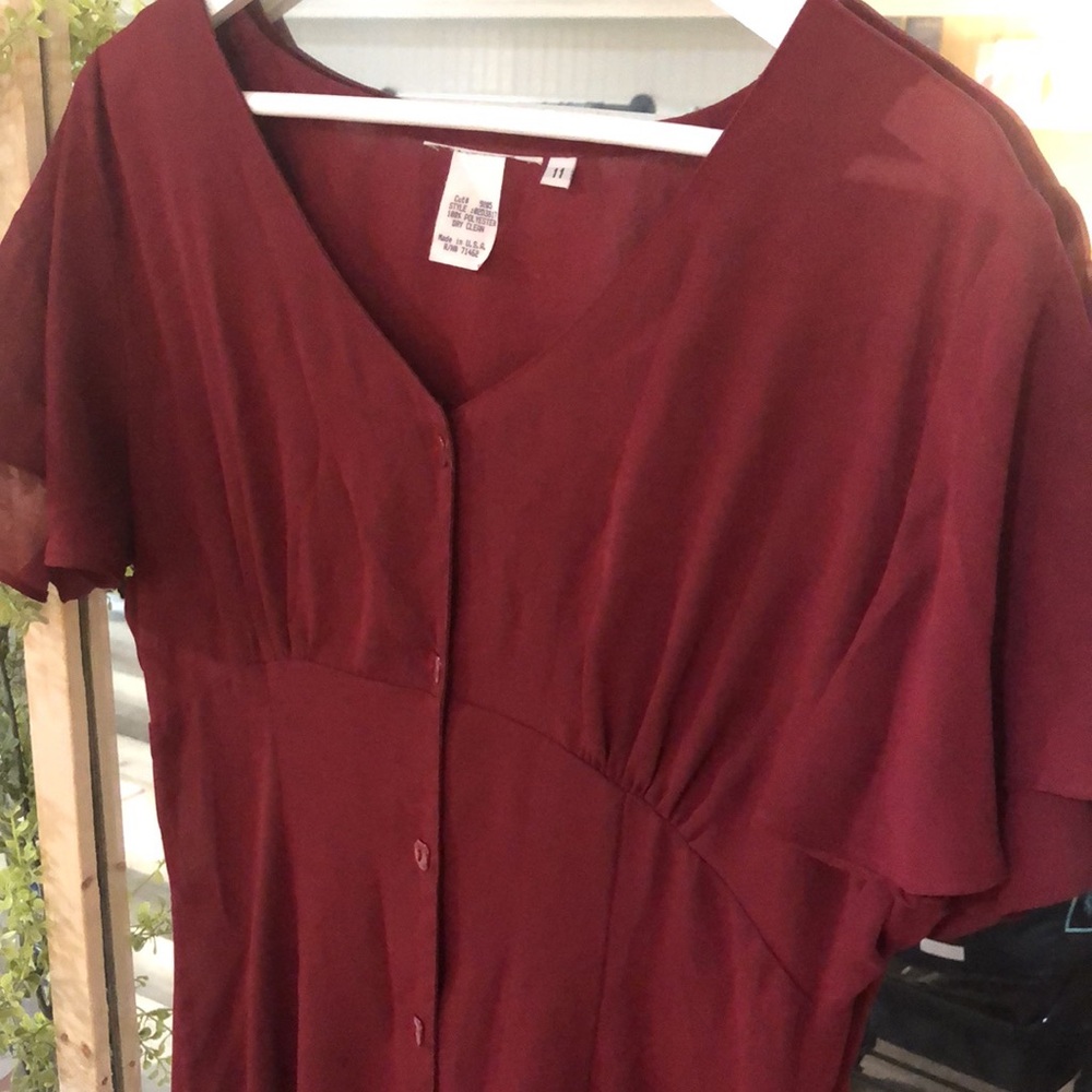 90s Vintage Long Dress dark cherry burgundy button front short flutter sleeves